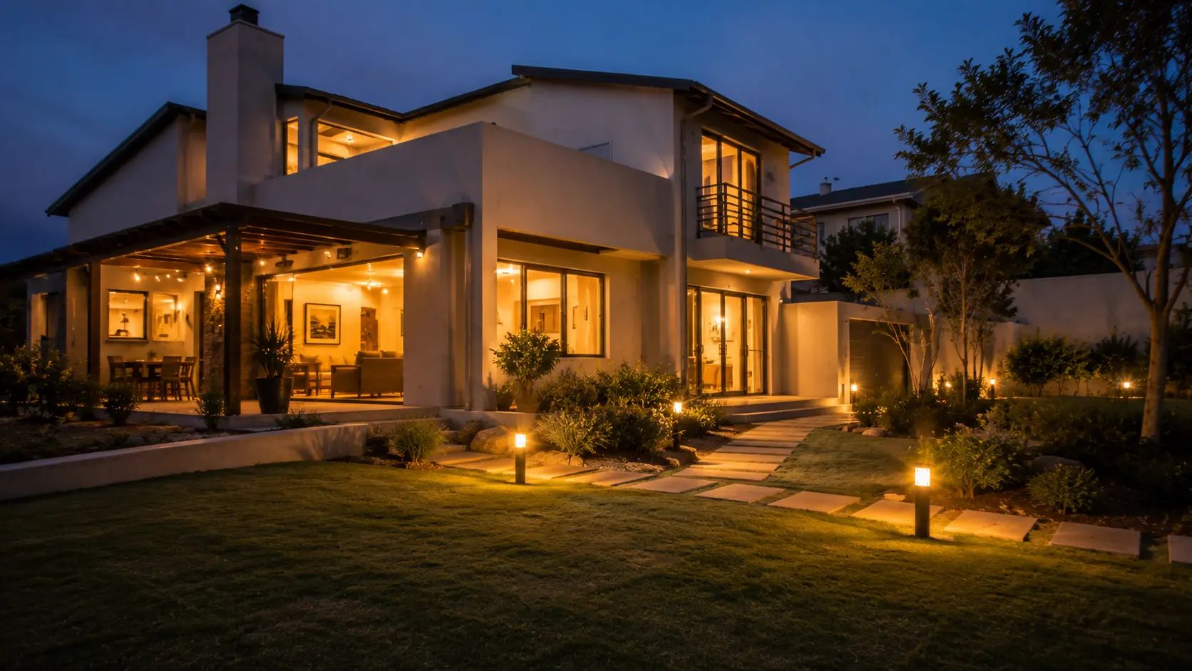 Modern double-storey home lit up at twilight with garden lighting, EZStay managed short-term rental