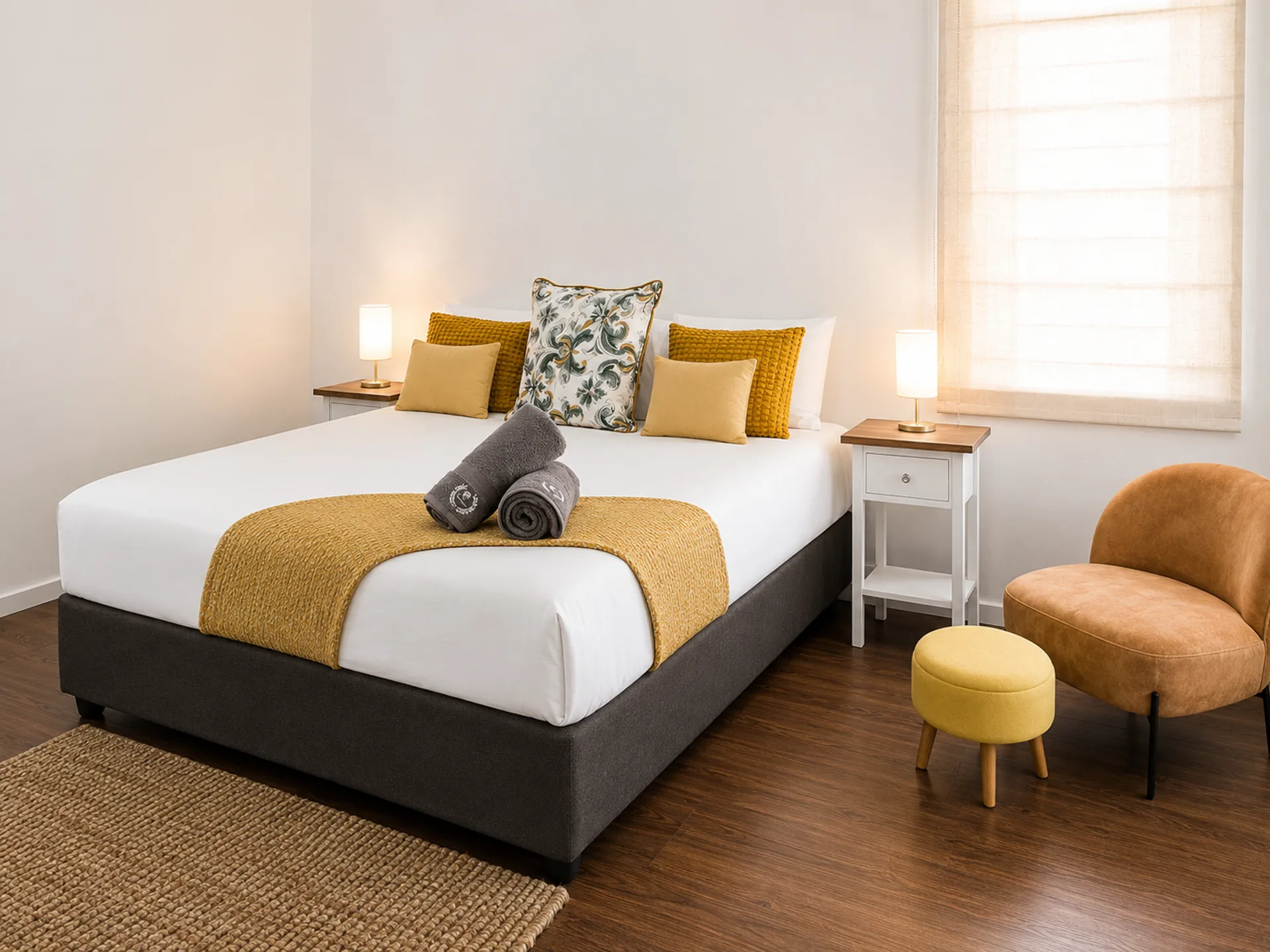 Main bedroom with white linen, yellow cushions and rolled towels, Musgrave Escape, Durban, managed by EZStay