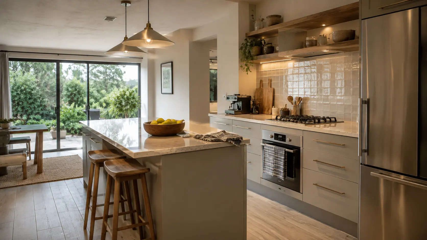 Warm contemporary kitchen with stone island and garden views, EZStay managed short-term rental