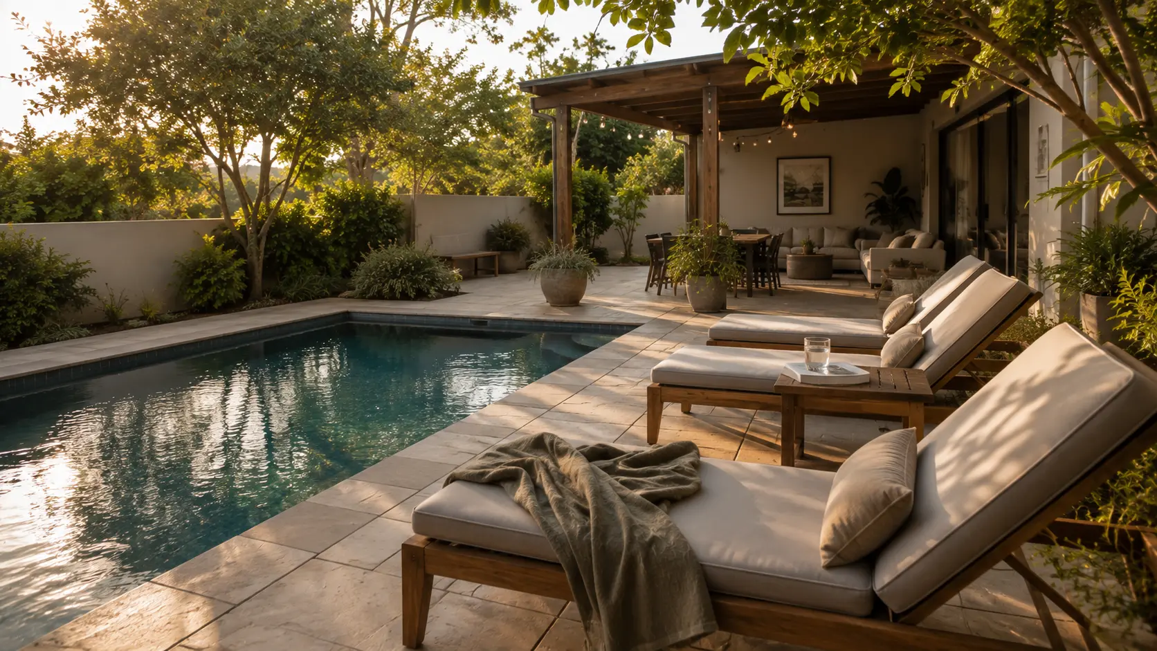 Poolside loungers under a pergola at golden hour, EZStay managed short-term rental
