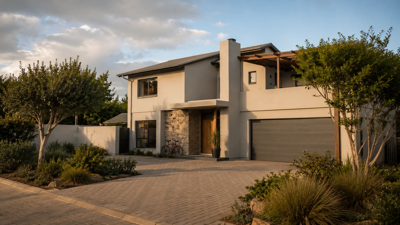 Modern rustic double-storey house with paved driveway at golden hour, EZStay managed short-term rental