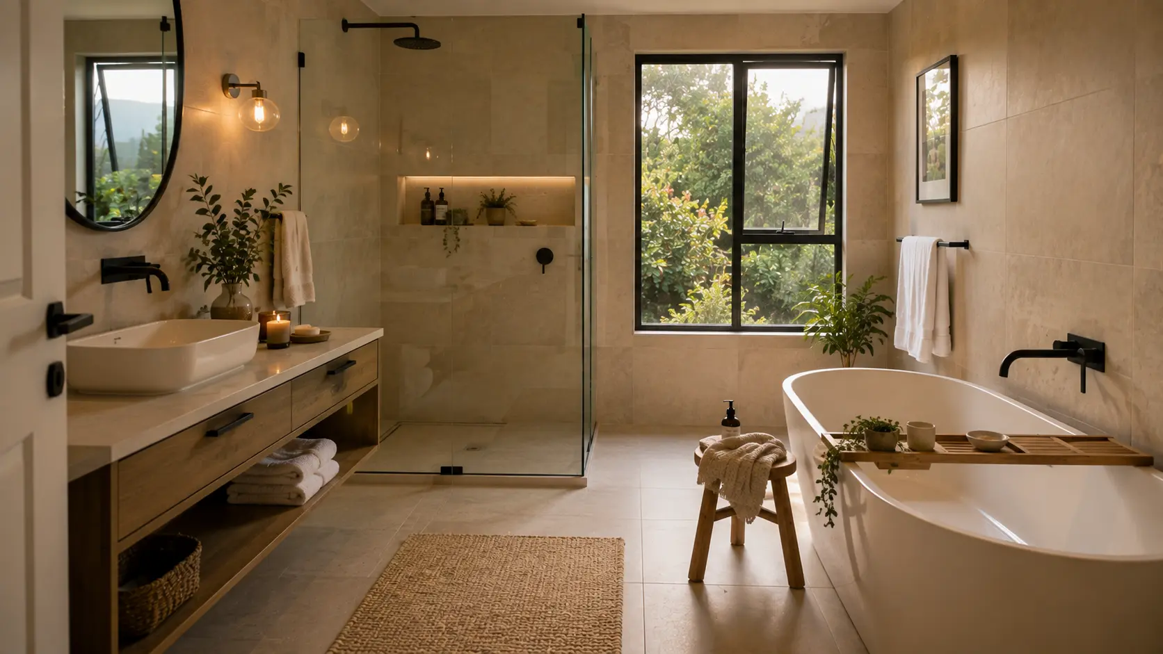 Bathroom with freestanding tub, walk-in shower and folded towels, EZStay managed short-term rental
