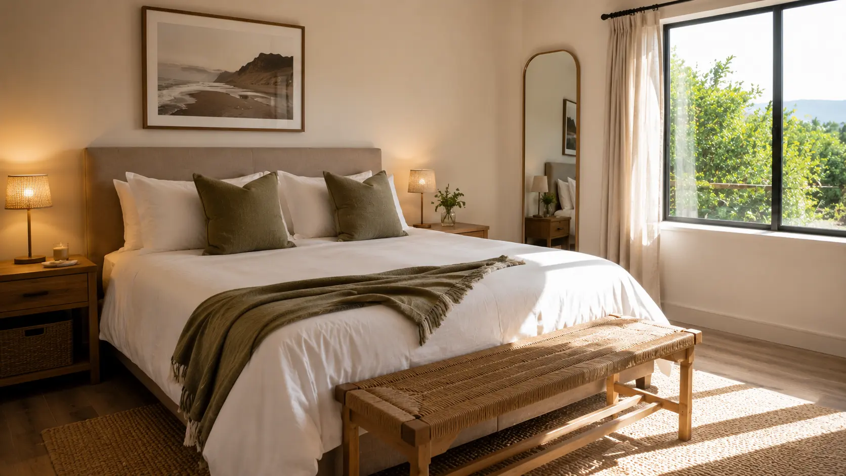 Bedroom with olive linen cushions, woven bench and garden view, EZStay managed short-term rental