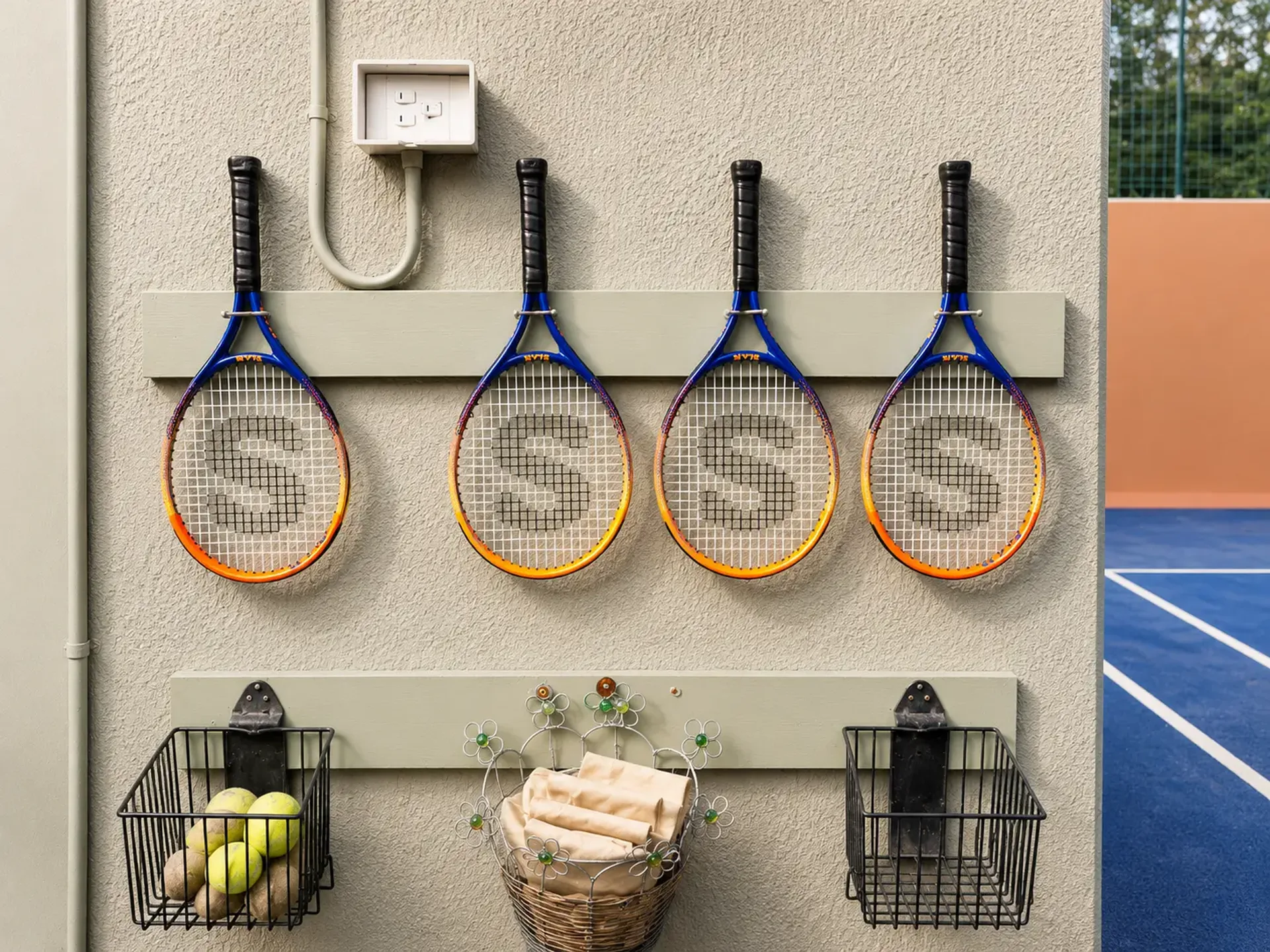 Tennis rackets on a wall beside baskets of balls and folded towels, Musgrave Escape, Durban, managed by EZStay