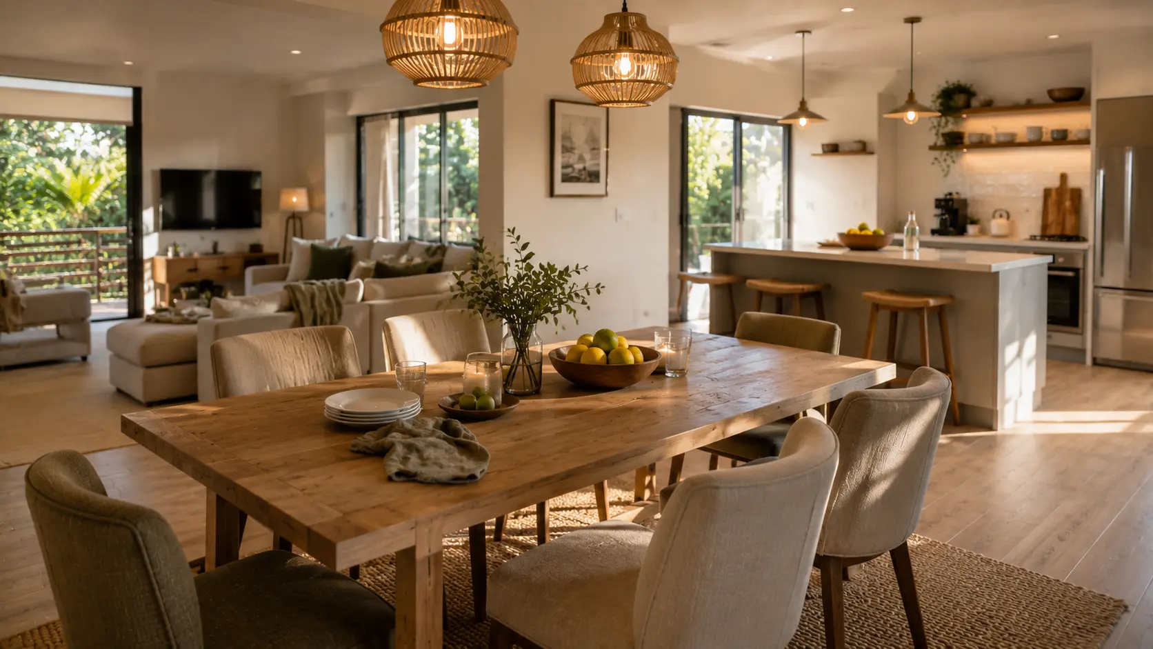 Scandinavian dining table set beneath woven pendant lights beside an open lounge, EZStay managed short-term rental