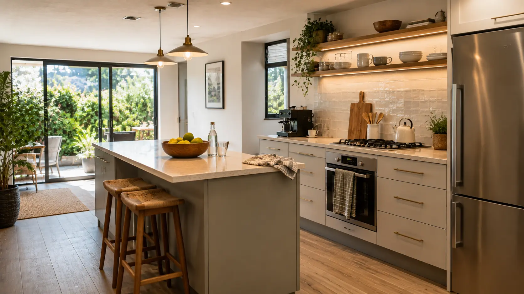 Bright Scandinavian kitchen with island seating and garden view, EZStay managed short-term rental