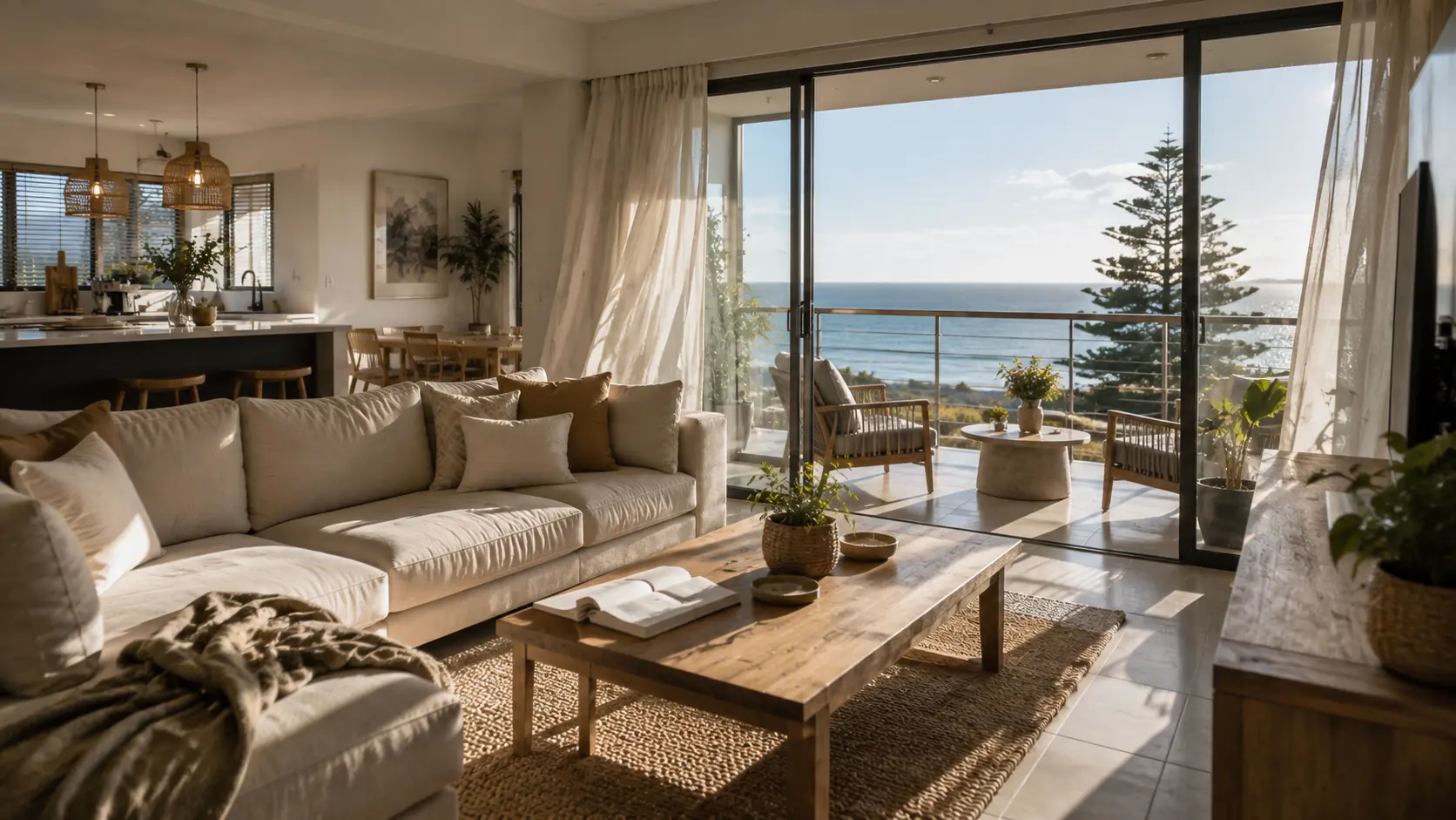 Sunlit coastal lounge with sea views through sliding doors, EZStay managed short-term rental