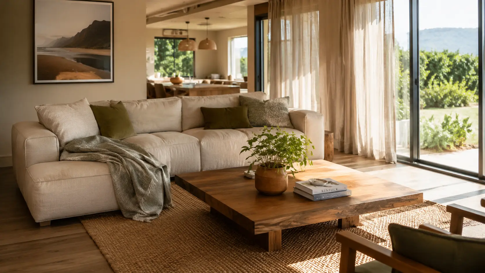 Sunlit modern rustic living room with linen sofa and timber coffee table, EZStay managed short-term rental
